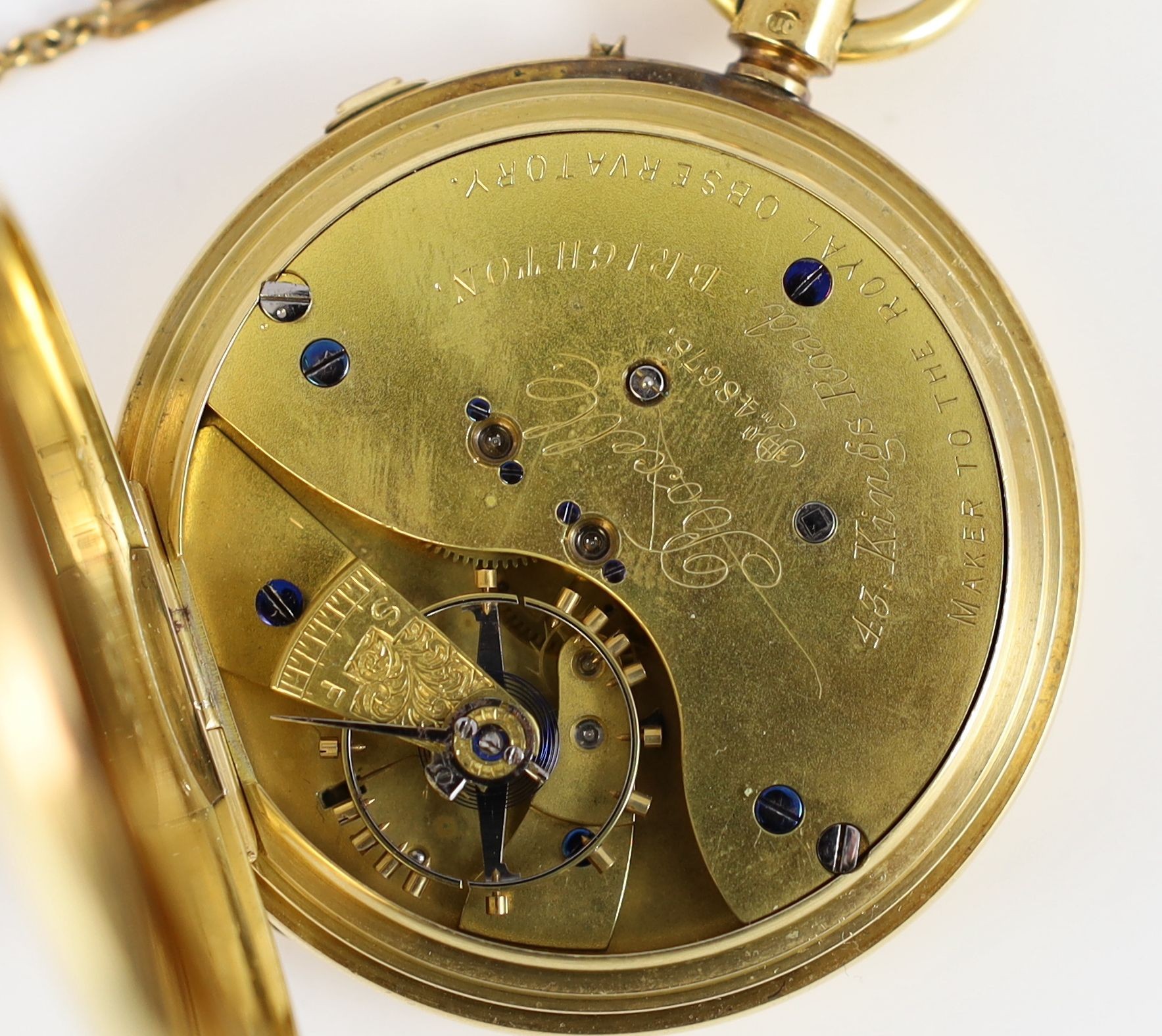 A Victorian 18ct gold keyless chronograph hunter pocket watch, by Boxelle, Kings Road, Brighton